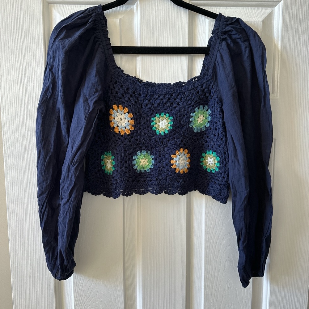 Aerie Navy Crochet Crop Top with Colorful Accents
